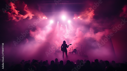 Band Silhouette. View of stage during rock concert with musical instruments and scene stage lights, rock show performance. Electric guitar. photo