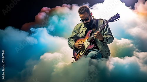 A guitar player making rock during concert. Rock band performs on stage. Guitarist plays solo.