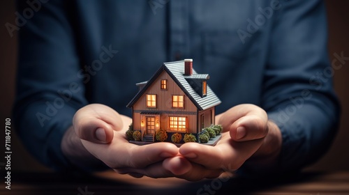 Business man holding a house model, saving a small house, selling, renting or buying a house