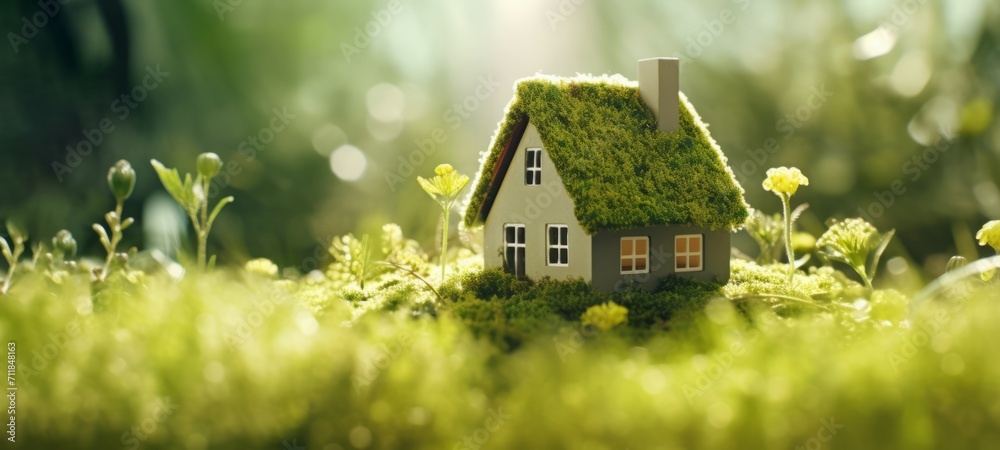 Naklejka premium Green and environmentally friendly housing concept, nature forest background - Miniature wooden house home in grass, moss and ferns, illuminated by the sun, sunshine, Eco house