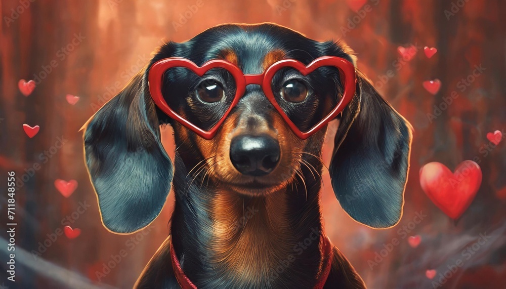 portrait of frustrated dachshund dog in dark heart shaped glasses on red background without emotions indifference in relationship stylized valentine day accessory party gift dating site advertising - obrazy, fototapety, plakaty 