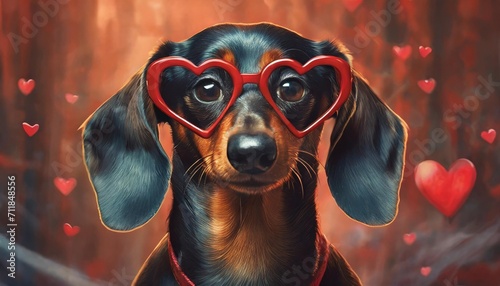 portrait of frustrated dachshund dog in dark heart shaped glasses on red background without emotions indifference in relationship stylized valentine day accessory party gift dating site advertising photo
