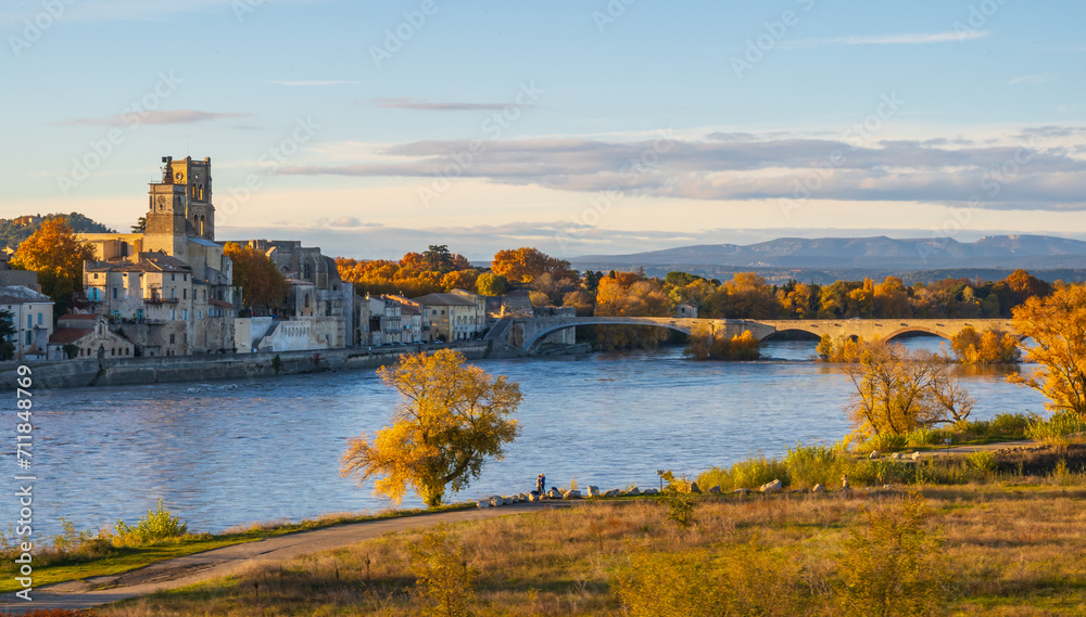 Pont-Saint-Esprit over the Rhone river in Occitanie. Photography taken in France