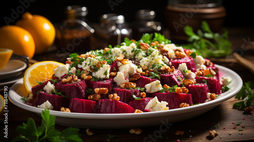 Delicious Beetroot Slices Complemented by Creamy Feta Cheese Salad
