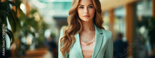 beautiful elegant girl real estate agent broker stand desk ready work meeting office wear green jacket blazer