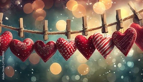 happy valentine s day wedding birthday background banner panorama greeting red hearts hang on wooden clothes pegs on a string with bokeh lights in the background photo