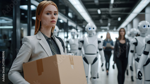 Fired office worker holds a box with her things on the robot background. Replacing Human Work with Artificial Intelligence photo