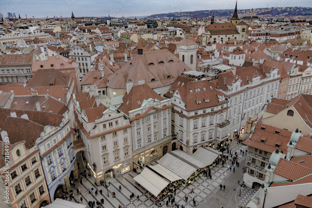 Aerial view of Prague skyline with orange tiled rooftops, Czech Republic