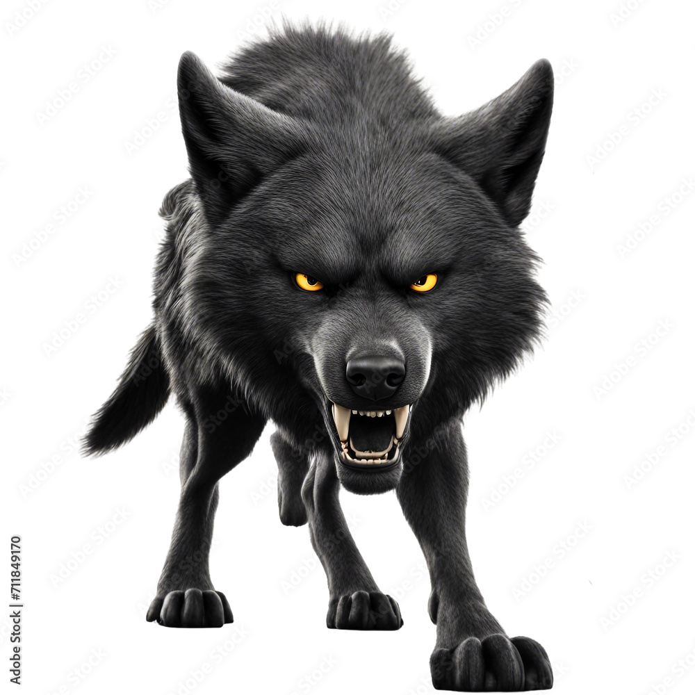 Cartoon furious black wolf isolated on a white backdrop created by Ai.