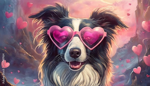 cute border collie dog with pink heart shaped valentine s day glasses in front of pink background photo