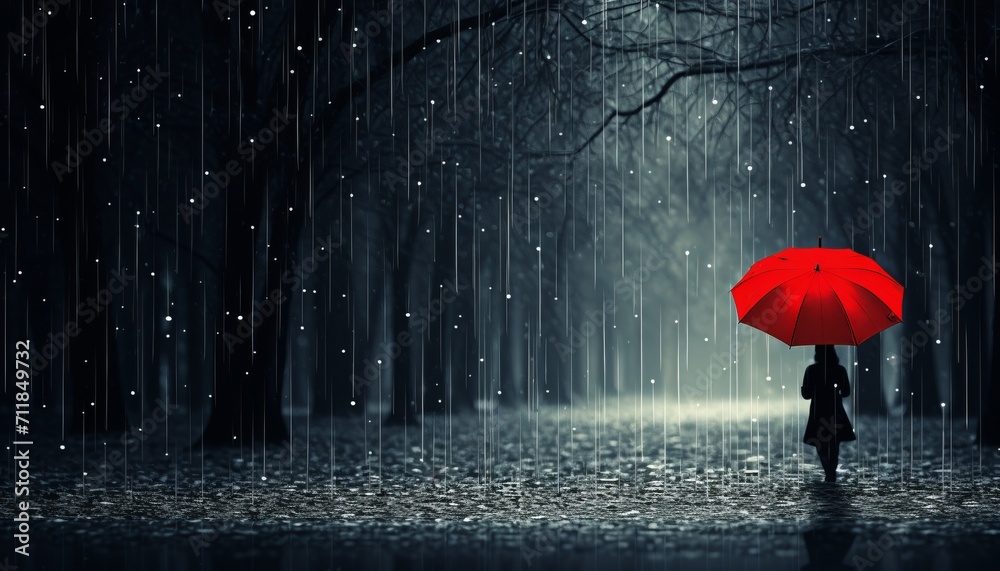 Stylish woman with red umbrella in rain, copy space available for text or design elements