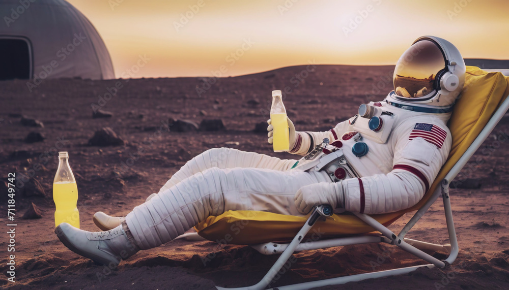 An astronaut lies in a chaise longue, an astronaut lies in a chaise longue on another planet, holding a bottle of lemonade in his hand, an astronaut's adventure, space image, space adventures