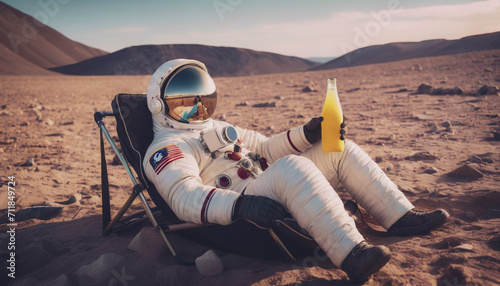 An astronaut lies in a chaise longue, an astronaut lies in a chaise longue on another planet, holding a bottle of lemonade in his hand, an astronaut's adventure, space image, space adventures