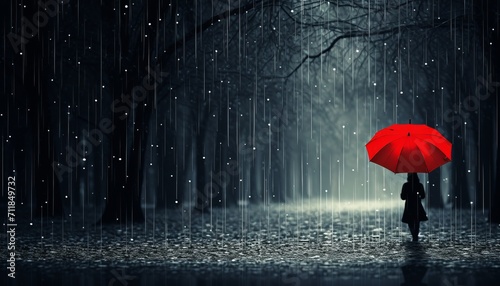 Stylish woman with red umbrella in rain, copy space available for text or design elements photo