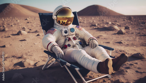 An astronaut lies in a chaise longue, an astronaut lies in a chaise longue on another planet, holding a bottle of lemonade in his hand, an astronaut's adventure, space image, space adventures