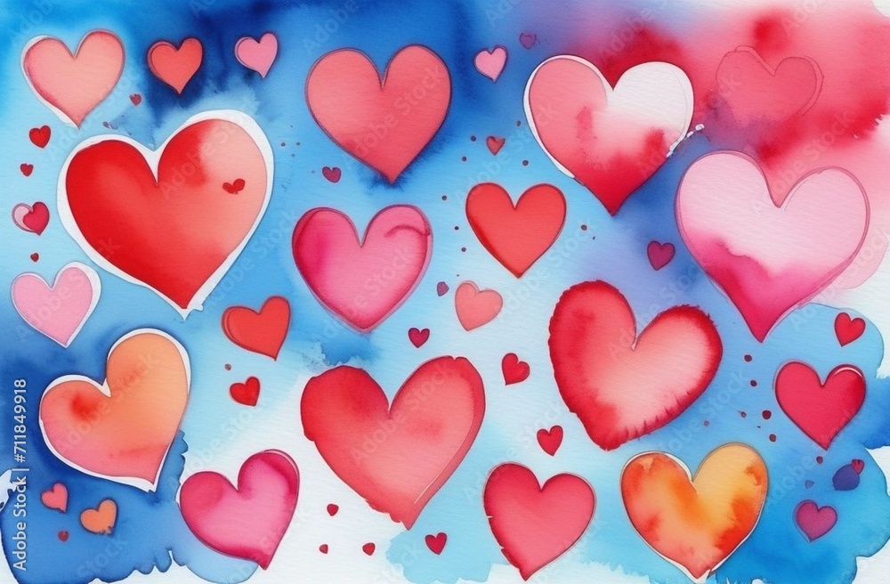 Blue background with red and pink hearts.
