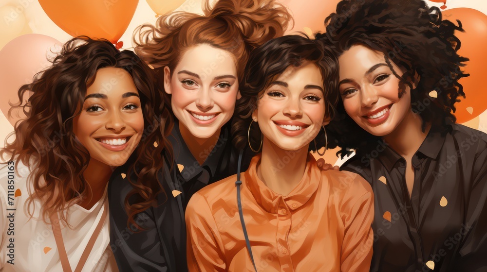 International Women's Day portrait of multiethnic mixed age range women looking towards camera on Peach background