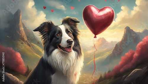 adorable border collie dog with hear shape balloon love and romance valentine s day concept high quality photo photo