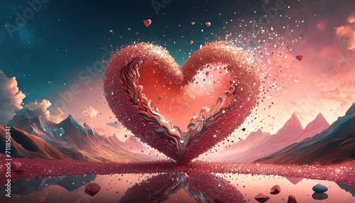 glitter heart dissolving into pieces on pink background valentines day broken heart and love emergence concept living coral theme color of the year 2019