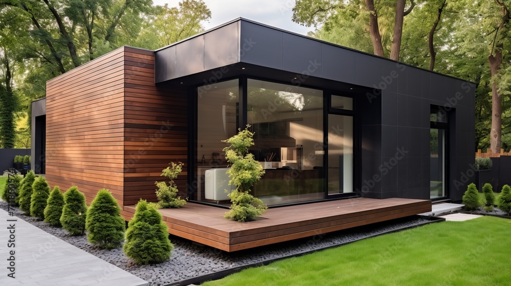 Luxurious minimalist cubic house with wooden cladding, black panel walls, and landscaped front yard