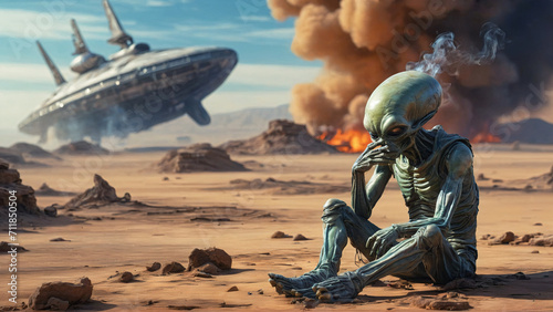 funny illustration of a sad alien smokes near to crashed alien space ship UFO on desert, generative AI photo