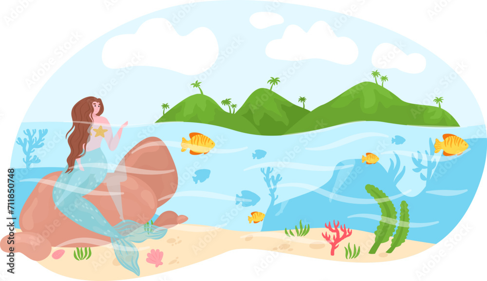 Mermaid sitting on rock underwater by tropical island. Fairytale sea princess, ocean life scene. Fantasy marine landscape with mythical creature vector illustration.