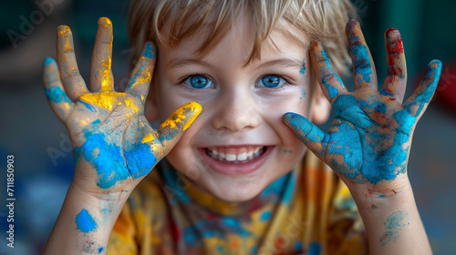 Colorful painted hands in a beautiful young kid. Art, childhood concept