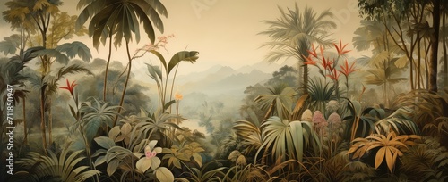 Painting of a jungle landscape. Watercolor pattern wallpaper. © Simon