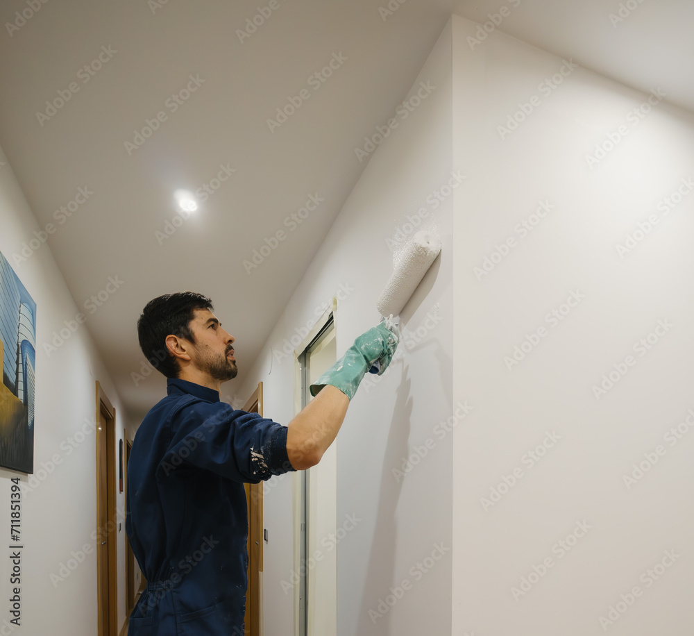 professional painter with a diver paints the wall of a house with his roller. copy space professional painter with a diver paints the wall of a house with his roller. copy space
