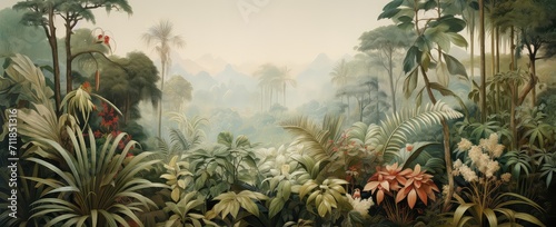 Painting of a jungle landscape. Watercolor pattern wallpaper. © Simon
