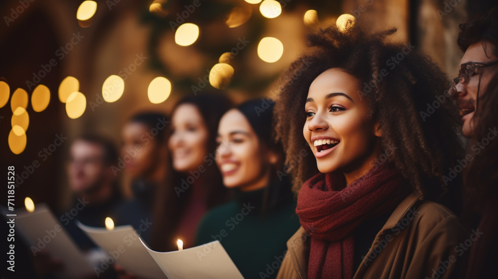 Fototapeta premium Caroling Day. Singing on a street.