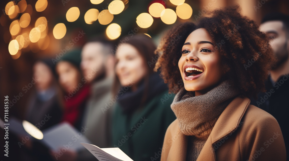 Obraz premium Caroling Day. Singing on a street.
