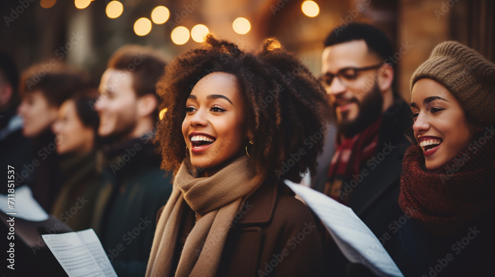 Obraz premium Caroling Day. Singing on a street.