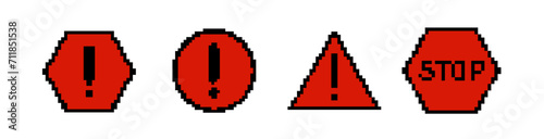 8 bit caution road sign icon. Pixel error retro banner. Pixelated car traffic sign.