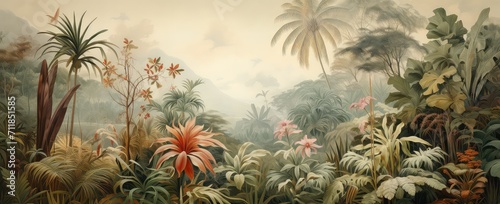 Watercolor wallpaper pattern. Jungle landscape in retro wallpaper style.