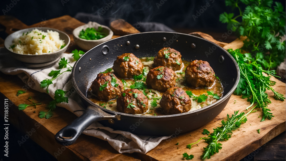 Delicious appetizing meatballs in a frying pan in the kitchen appetite Delicious appetizing meatballs in a frying pan in the kitchen appetite
