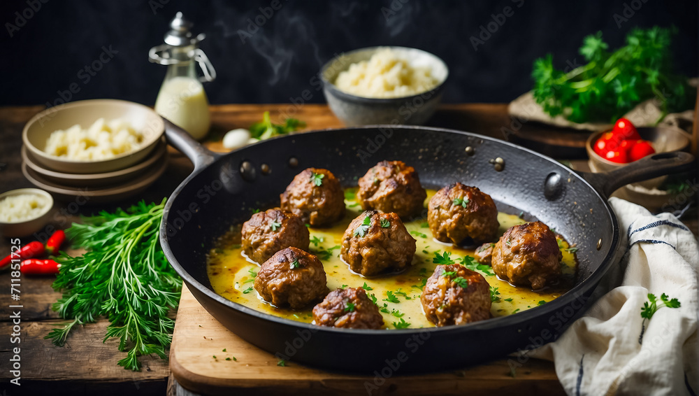 Delicious tasty meatballs in a frying pan in the kitchen