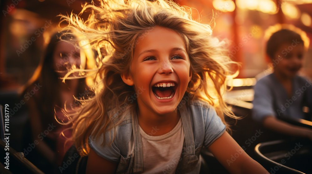 Young family screaming with arms raised on roller coaster Young family screaming with arms raised on roller coaster