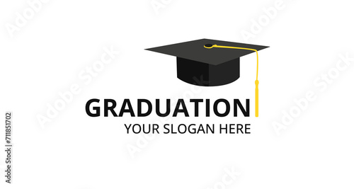 Graduate caps business card. Black cap with banner brim to celebrate successful graduation from school and college with academic success vector uniform