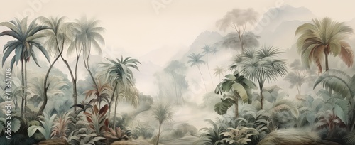 Watercolor wallpaper pattern. Jungle landscape in retro wallpaper style.