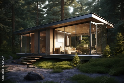 Modern glass house in the woods © duyina1990