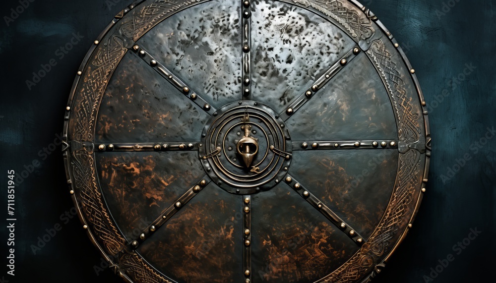 Weathered viking shield   intricate wood grain texture with battle scars, recounting tales of valor