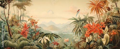 Watercolor wallpaper pattern. Jungle landscape in retro wallpaper style.