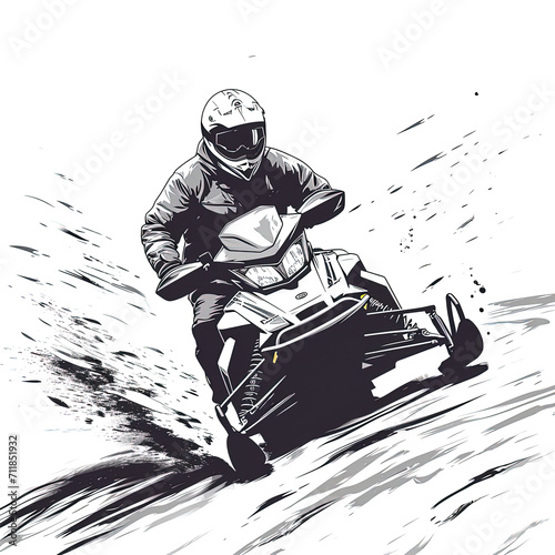 Flat illustration of an Athlete on a Snowmobile, black and white illustration. Banner, design, Trendy flat vector illustration
