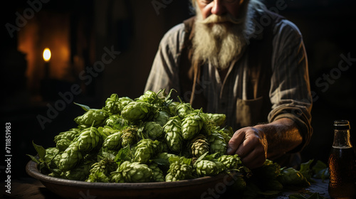Green hops for beer. Man holding green hop cones. photo