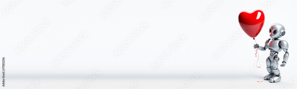 A banner for advertising an electronics store. The robot holds the heart isolated on a white background. Banner for Valentine's Day A banner for advertising an electronics store. The robot holds the heart isolated on a white background. Banner for Valentine's Day