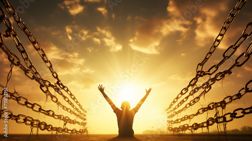 Person with broken chains at the time of the sunrise . vintage concept