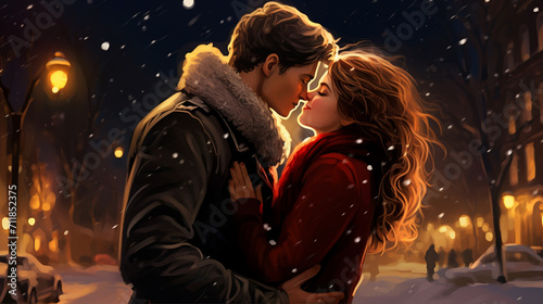 Young beautiful sensual couple outdoor portraits. Boy and girl having fun in cold weather.