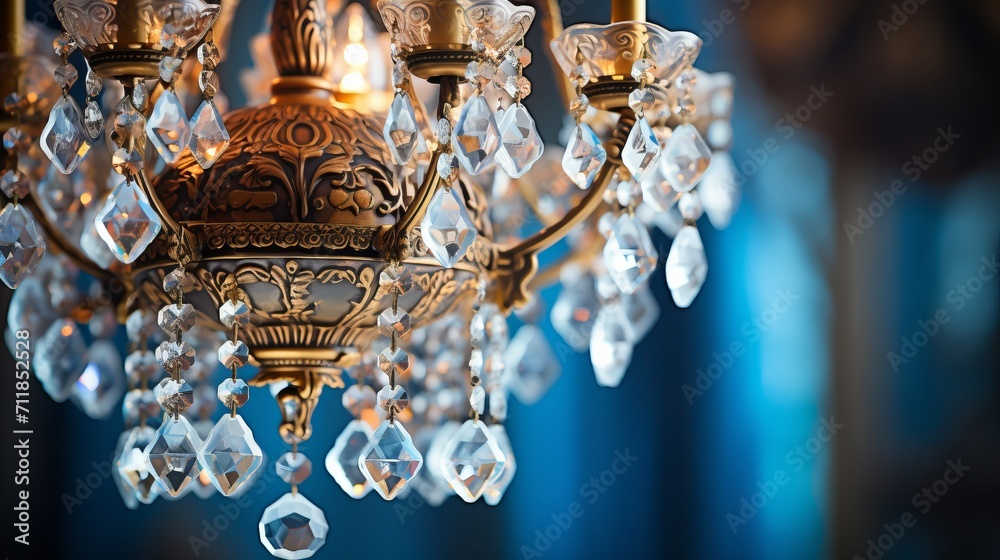 Exquisite close up of ornate baroque chandelier with intricate metalwork and crystal details