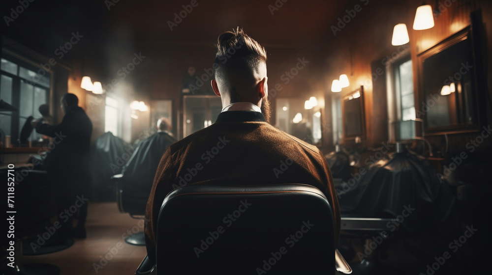 Getting perfect shape. Close-up side view of young bearded man getting beard haircut by hairdresser at barbershop
